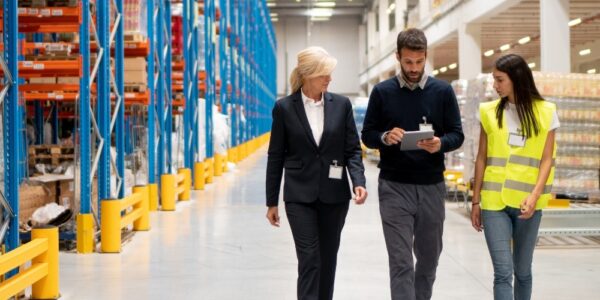 Three business professionals walk through a warehouse aisle as they audit the business's efficiency demands.