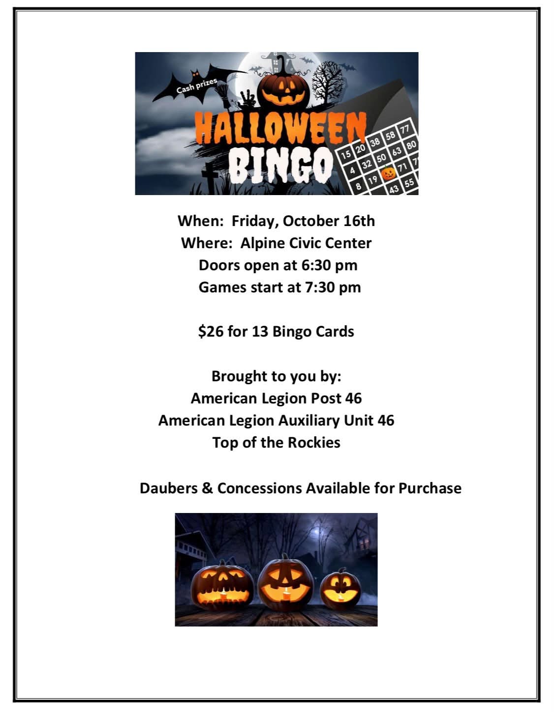 ALPINE: BINGO at the Alpine Civic Center