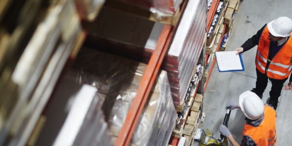 An aerial view of two workers wearing safety vests and white helmets using a pallet jack inside a large warehouse.