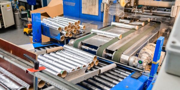 A close-up of a roller production line in a manufacturing facility transporting aluminum metal sheet rolls.